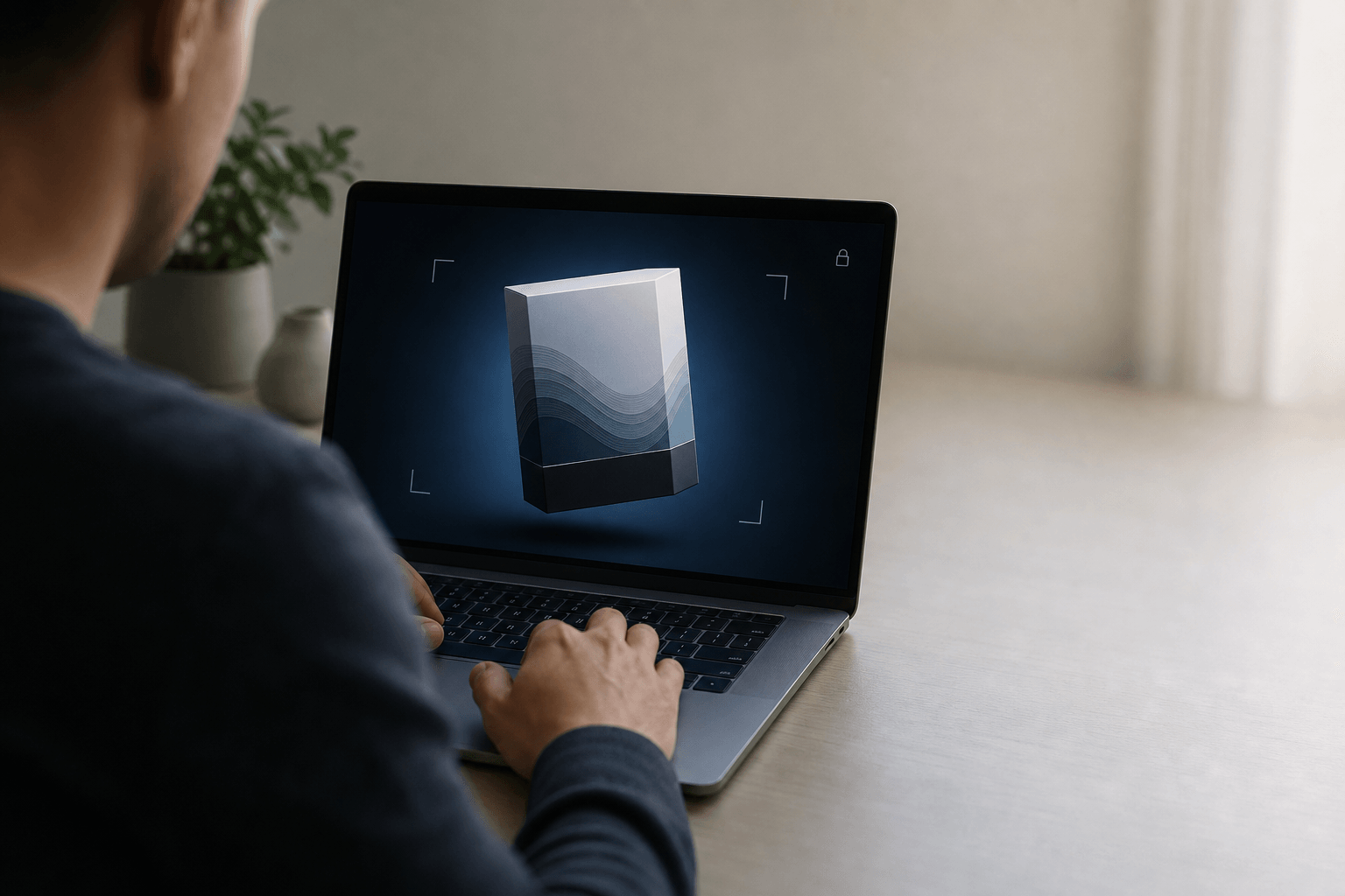 Someone at a laptop reviewing an interactive 3D proof of a printed box in their browser, with a corner-bracket viewfinder framing the product and a small lock icon marking a private, password-protected proof link