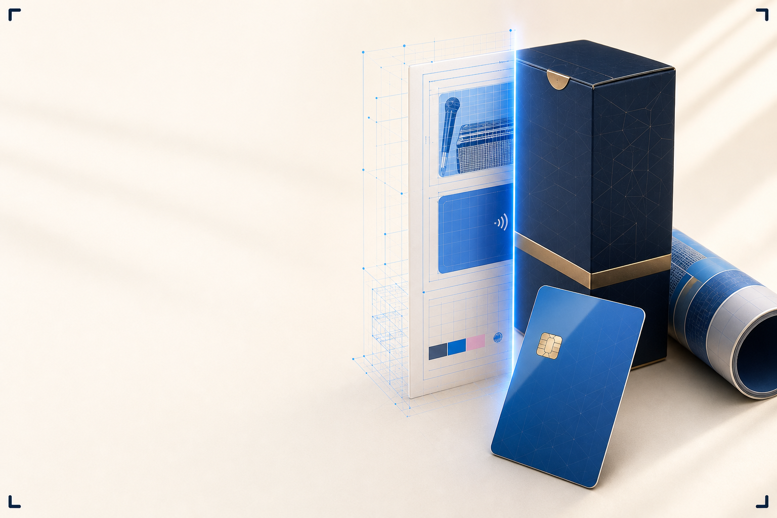 A flat print proof passing through a glowing scan line and emerging as a 3D rendered card, box and poster on a cream studio background