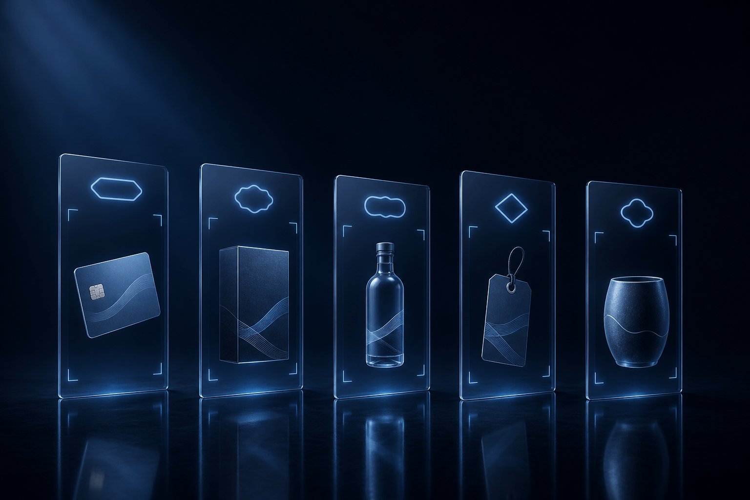 A row of glowing glass display panels under dramatic blue light, each framing a different printed product, a card, a box, a bottle, a tag and a mug, one branded proofing experience across many products