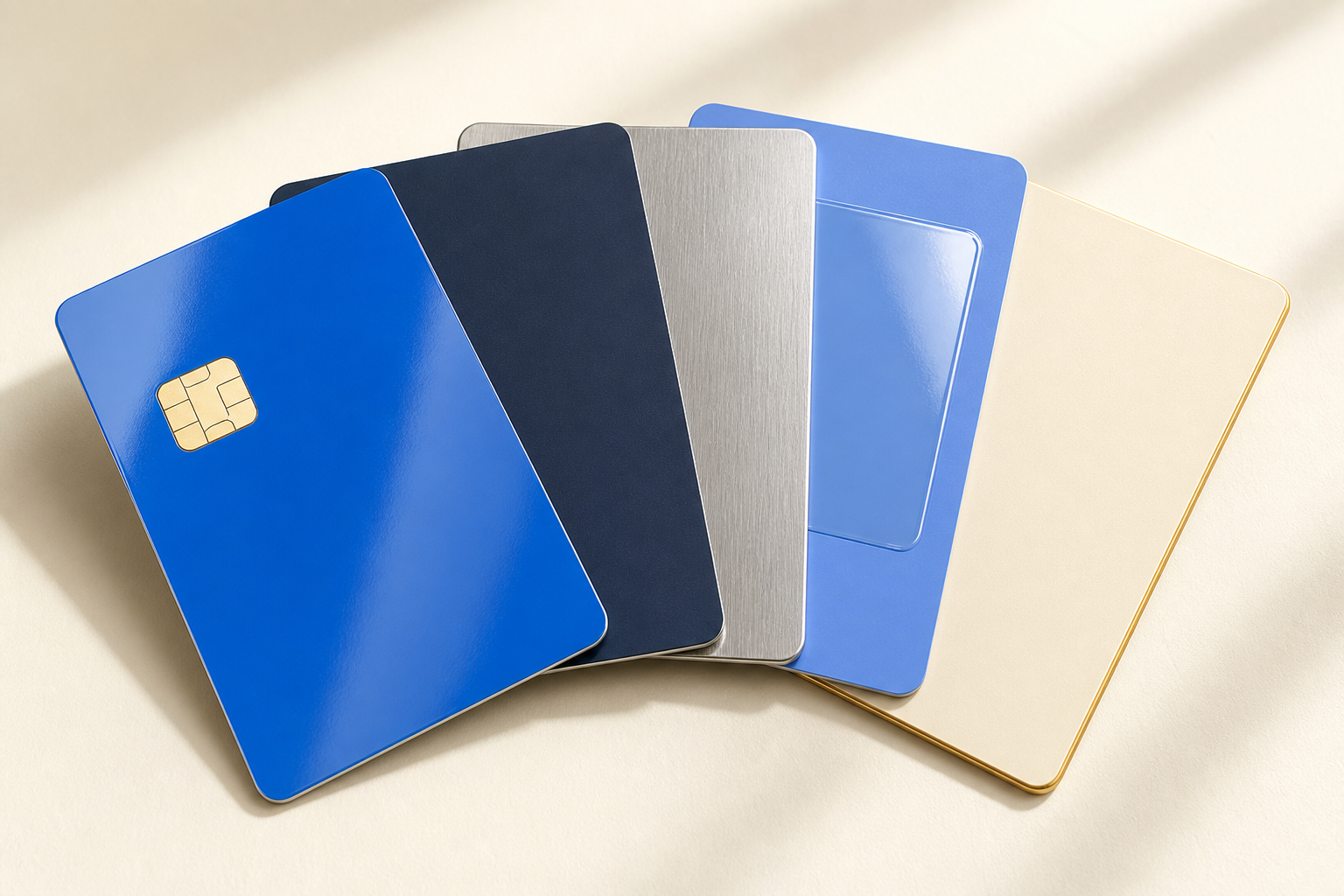 Five plastic cards fanned out showing gloss, matte, brushed metallic, spot-UV and gold-edge finishes on a cream background