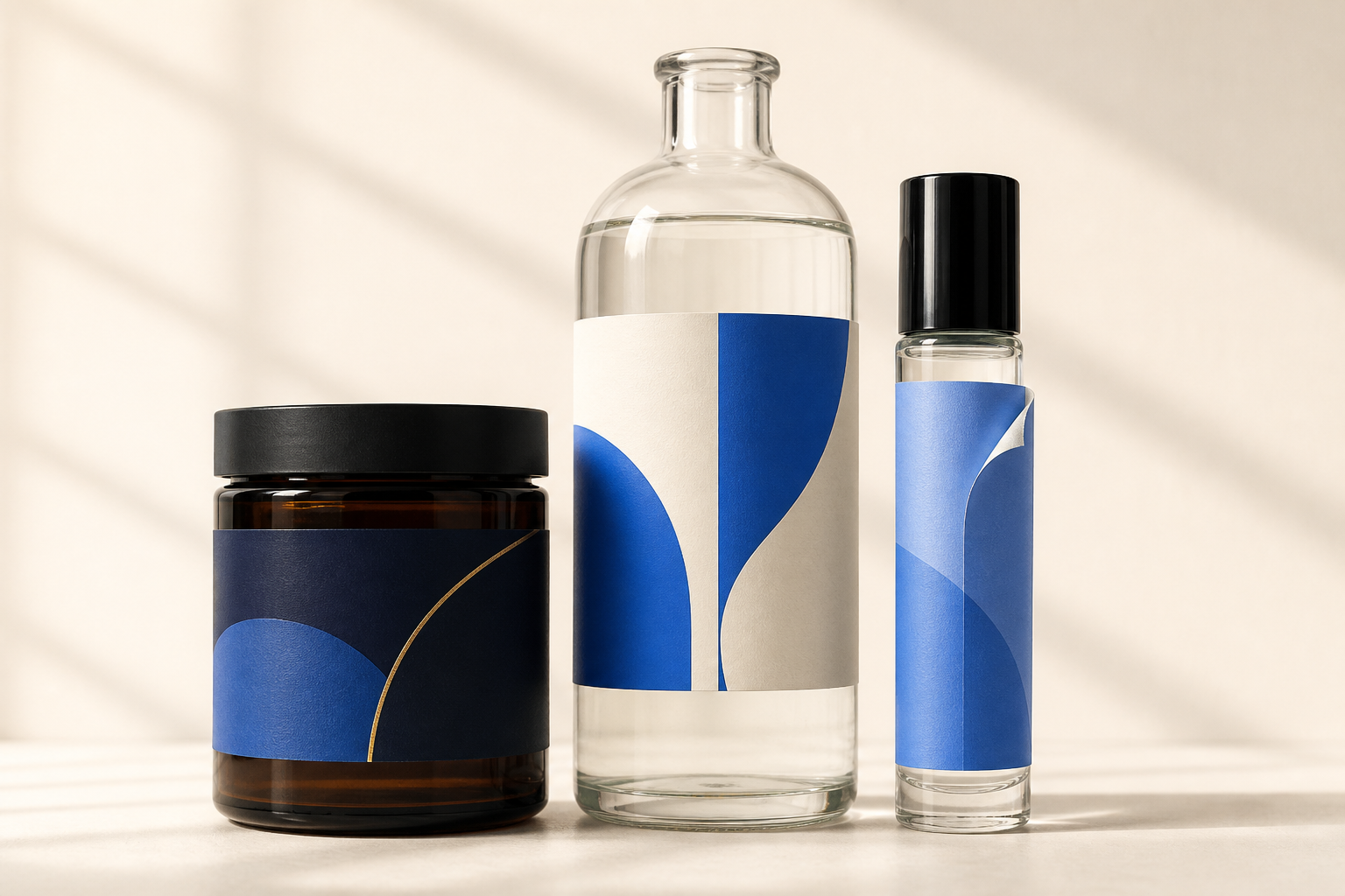 A glass jar and bottles wearing printed paper labels in blue and navy, one edge lifting to show the stock, on a cream background