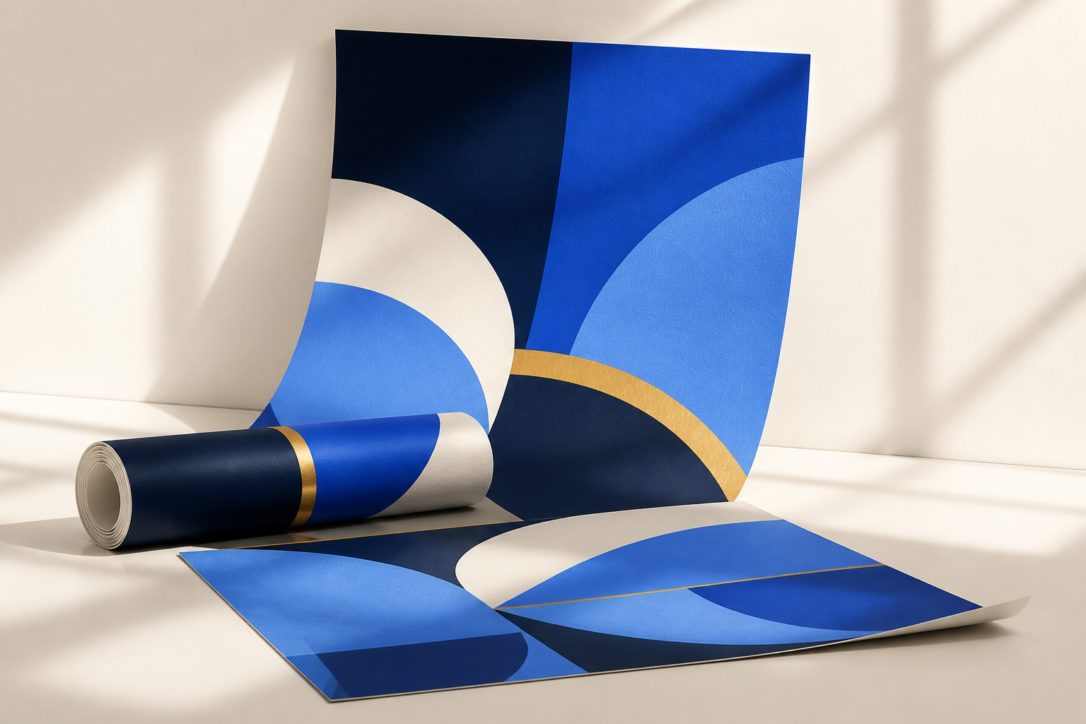 Large-format printed posters, one standing and curving, one rolled and one lying flat, on a cream background