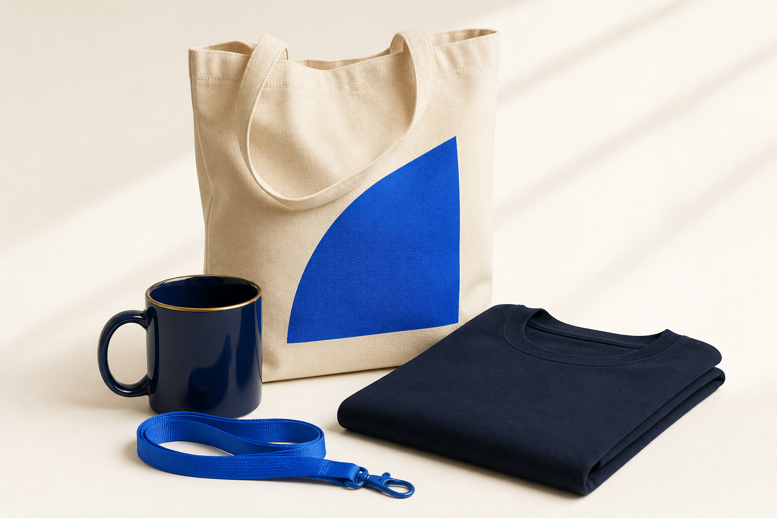 A branded tote bag, mug, folded t-shirt and lanyard promotional products on a cream studio background