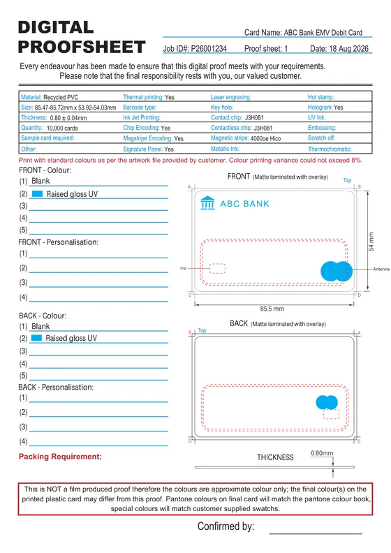 Proof sheet page two: the raised gloss UV varnish areas picked out in blue over the same card.